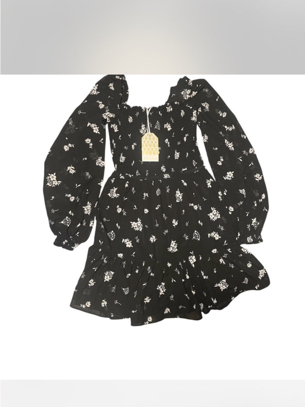 Black Floral Long-Sleeve Ruffle Casual Dress